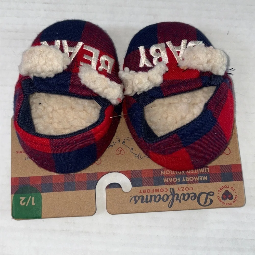 Dearfoams Baby Bear Red Blue Plaid Baby Slippers Memory Foam Size 1/2